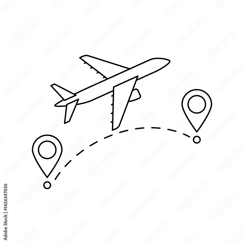 Airplane with markers icon. Air travel and tourism item.
