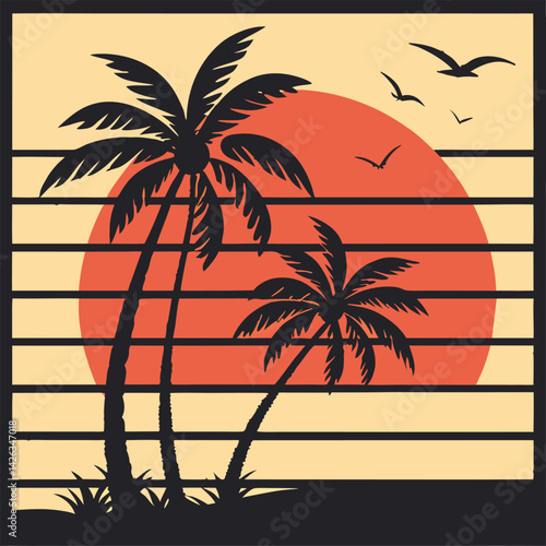 A tropical beach sunset silhouettes a lone figure near palm trees under a vibrant summer sky