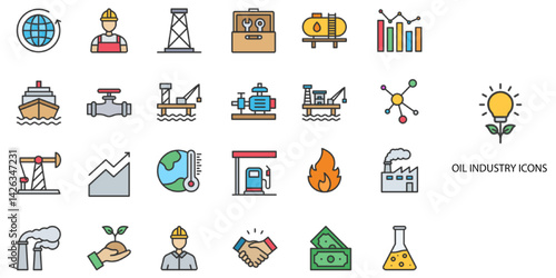 Oil Industry simple concept 24 color icons set. Contains such gasoline, natural gas, oil pump, oil well, oil industry .Vector illustration.