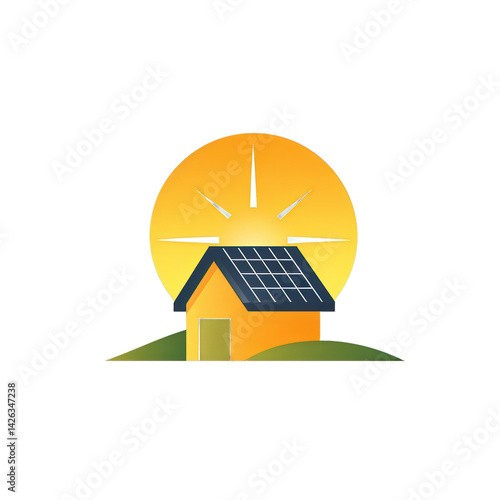 A vibrant illustration of a solar-powered house under a bright sun, symbolizing sustainable energy and eco-friendly living in a serene landscape , isolated on white or transparent png