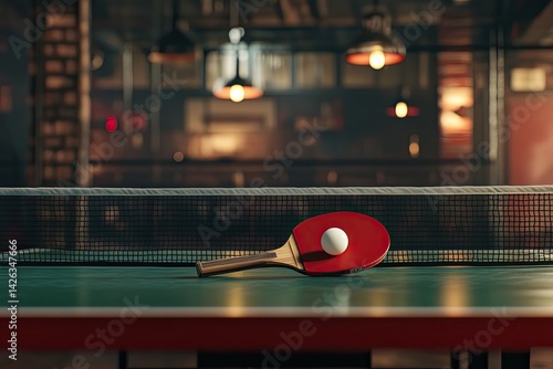 Wallpaper Mural Ping pong paddle and ball rest on a table, a dimly lit game room background Torontodigital.ca