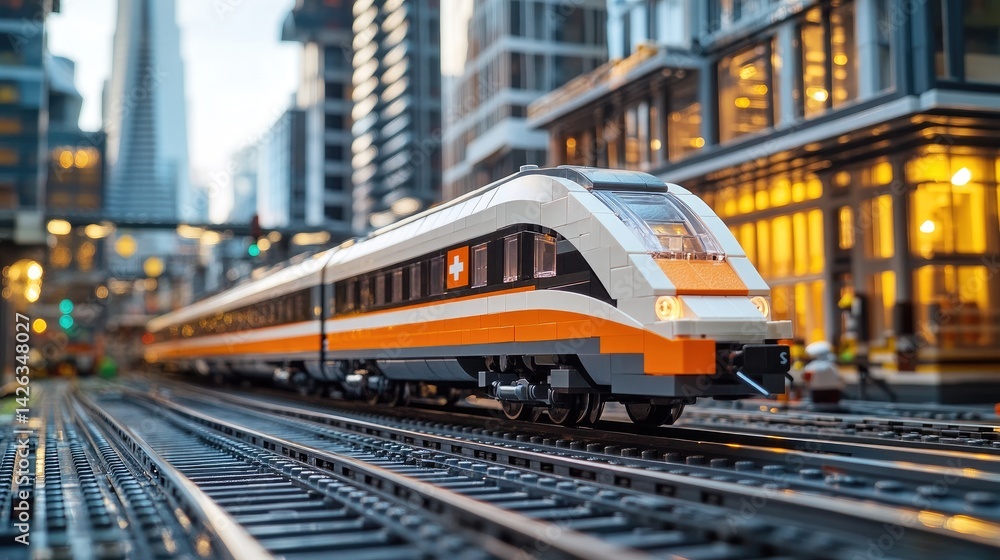 Naklejka premium A white and orange toy train travels through a city on a model railroad track.