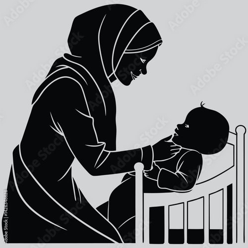 Mother tucking child into bed image silhouette design vector art and illustration	