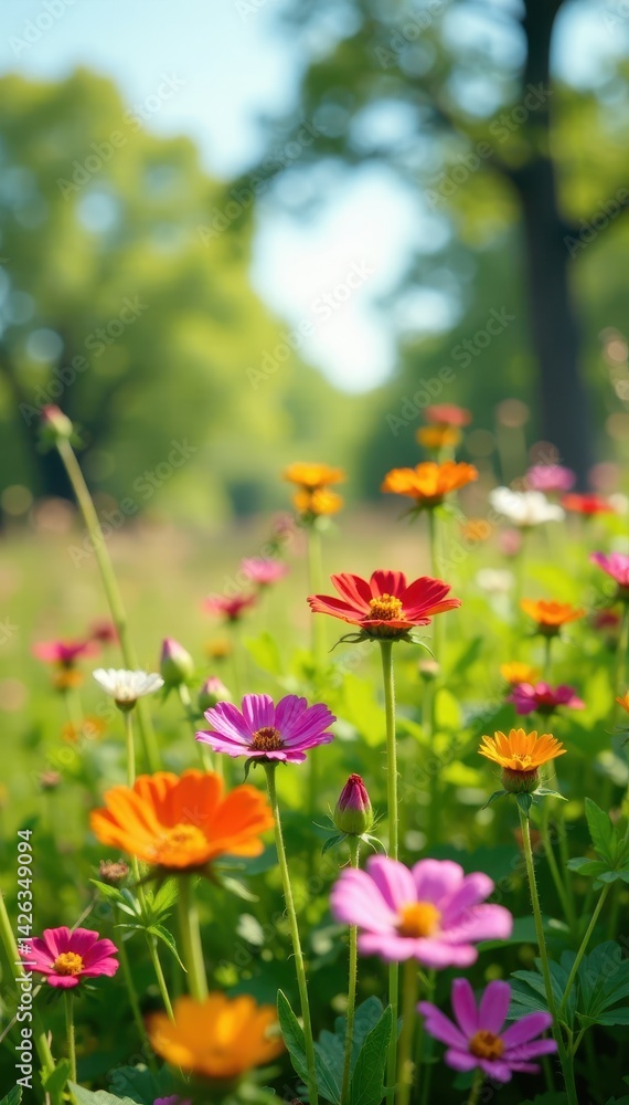 Fototapeta premium Colorful wild flowers blooming in a sunny meadow , greenery, wildflowers
