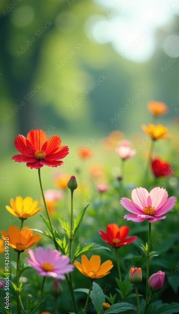 Colorful wildflowers sway gently in the spring breeze, Springtime scene, Wildflowers Colorful wildflowers sway gently in the spring breeze, Springtime scene, Wildflowers