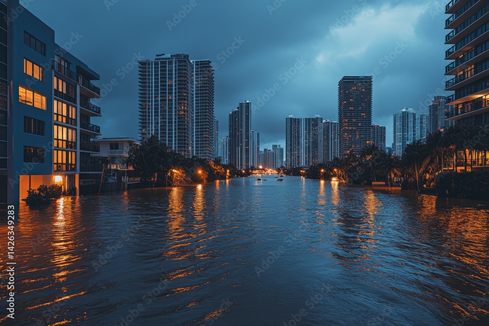 Naklejka premium Urban landscape illuminated by lights reflects in flooded waterways during twilight in a coastal city