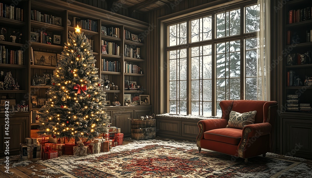 Fototapeta premium Cozy Christmas library scene with decorated tree, presents, and armchair by a snowy window.