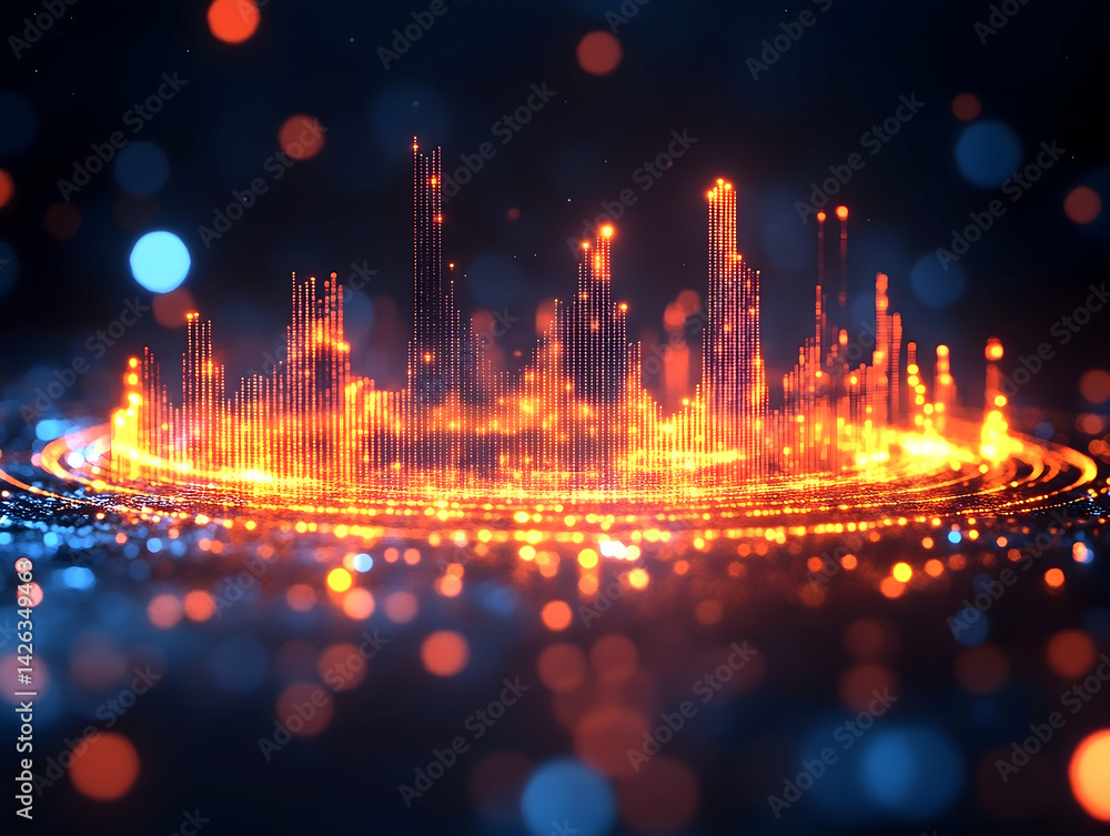 Fototapeta premium Luminous abstract cityscape with vibrant glowing elements over dark backdrop with bokeh lights