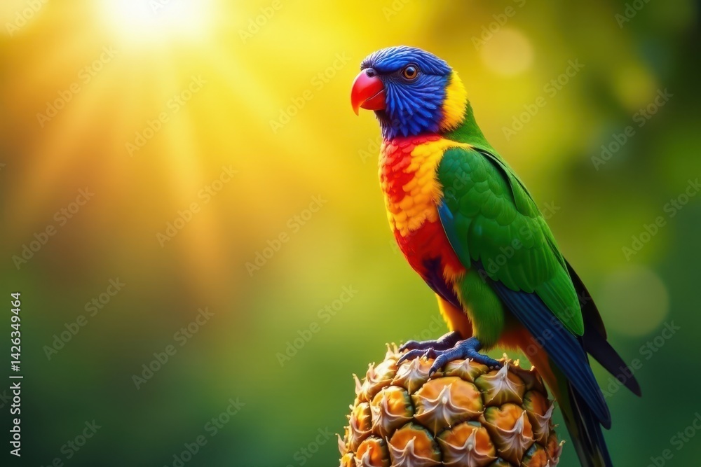 Obraz premium Colourful bird perched on a pineapple under the sun, sunny, tropical
