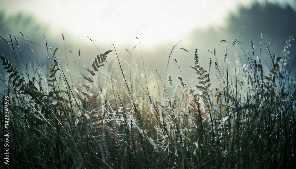 Obraz premium Wild Grasses and Tiny Ferns in a Misty Meadow