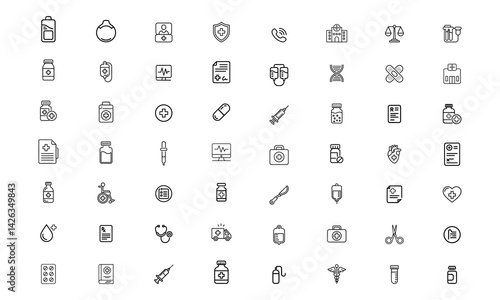 Set of black and white icons for healthcare, medicine, and medical supplies illustration.