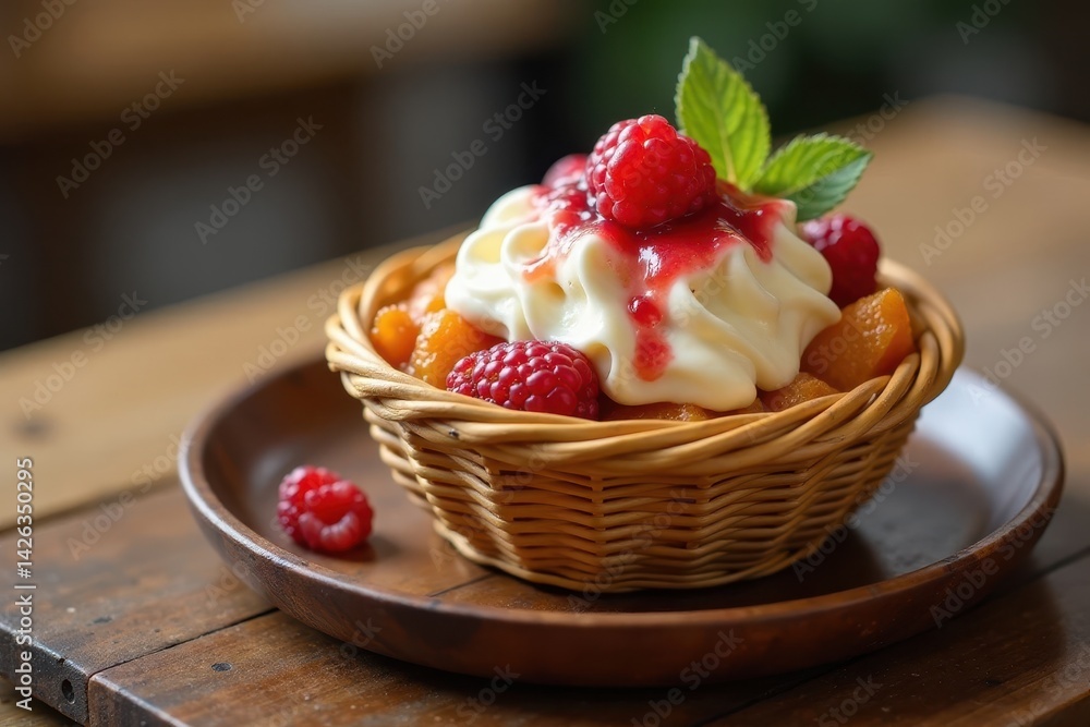 Cool dessert in wicker container on wooden tray, tropical fruit, Refreshing mango sago dessert Cool dessert in wicker container on wooden tray, tropical fruit, Refreshing mango sago dessert