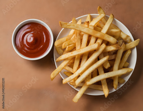 snacks, french fries in a plate with ketchup, delicious finger chips