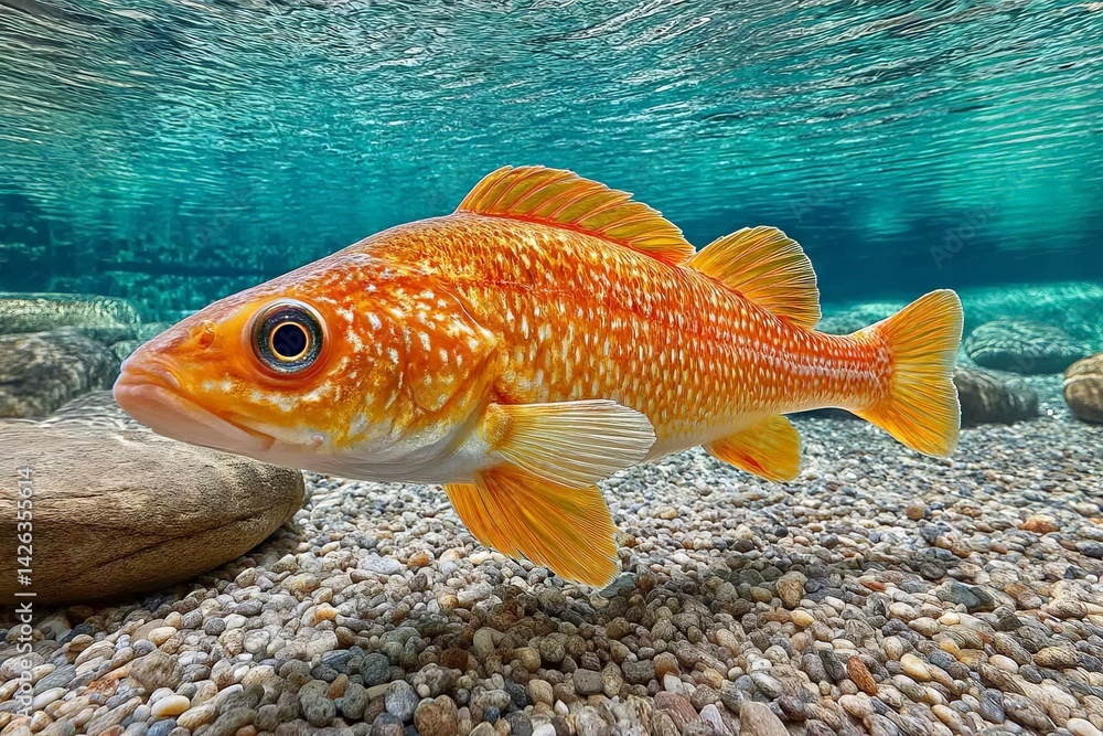 Naklejka premium Bright orange fish swimming gracefully over a pebbled riverbed under an azure sky