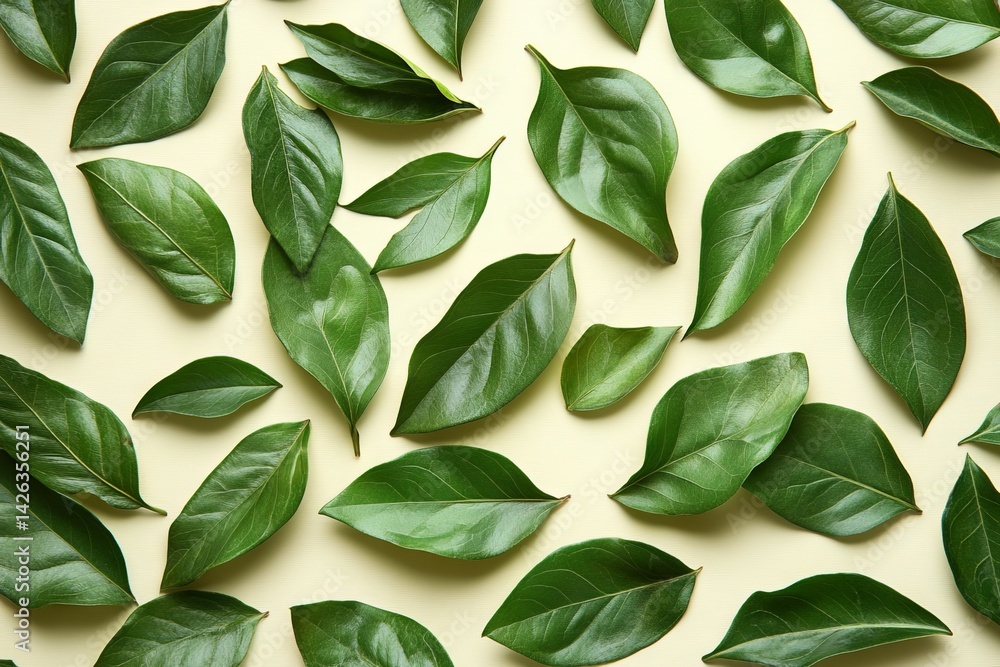 Fresh green leaves arranged creatively on a light background for a nature-inspired design in a vibrant setting Fresh green leaves arranged creatively on a light background for a nature-inspired design in a vibrant setting
