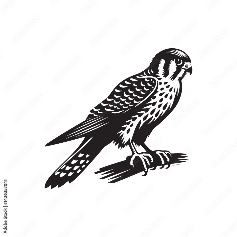 Fototapeta premium Sleek American Kestrel Silhouette Vector: Dynamic Bird of Prey Design Perfect for Wildlife Art - Black and White American Kestrel Illustration.