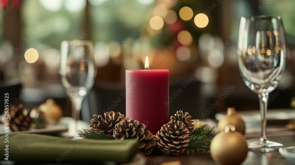 This close-up showcases a red candle surrounded by pine cones and ornaments, set on a holiday table with a green napkin, ideal for festive gatherings This close-up showcases a red candle surrounded by pine cones and ornaments, set on a holiday table with a green napkin, ideal for festive gatherings