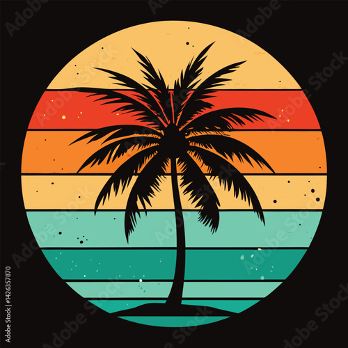 A tropical beach sunset silhouettes a lone figure near palm trees under a vibrant summer sky