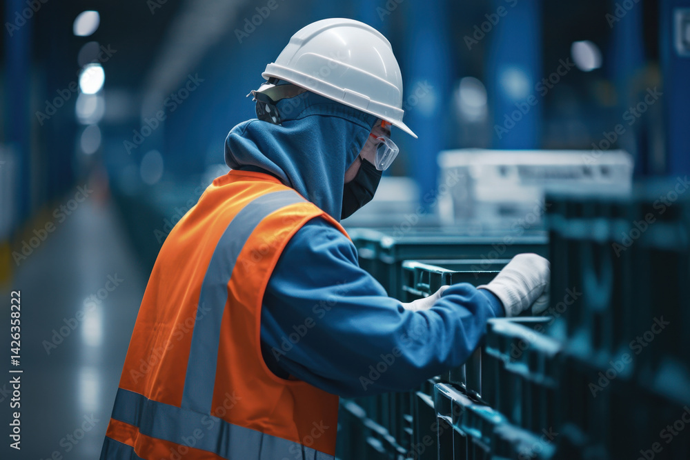 Fototapeta premium Man in hard hat and safety vest looks at rack of servers in data center, surrounded by cables and flashing lights, monitoring computer network with focused expression.