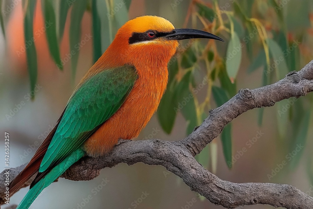 Obraz premium Vibrant bird perched on a branch with striking orange and green feathers in natural habitat during golden hour