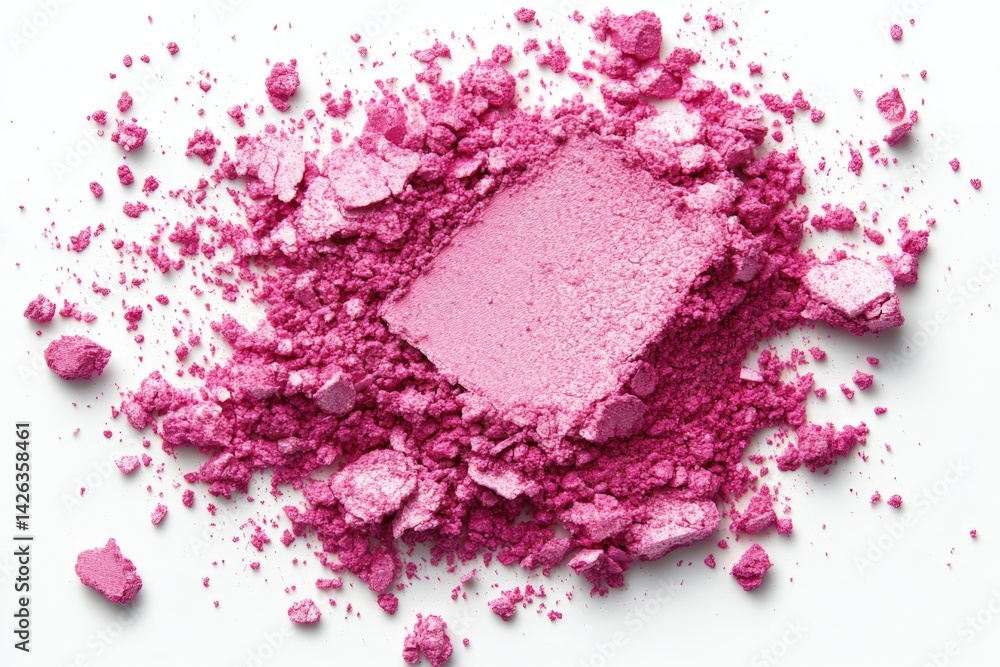 Bright pink powder spread across a surface with a square compact in the center during creative makeup session Bright pink powder spread across a surface with a square compact in the center during creative makeup session