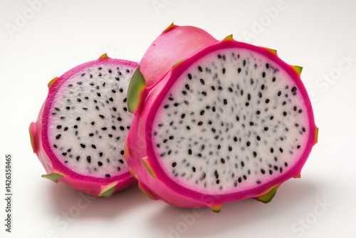 Brightly colored dragon fruit displays vibrant pink outer skin and white flesh with tiny black seeds, showcasing its unique appearance