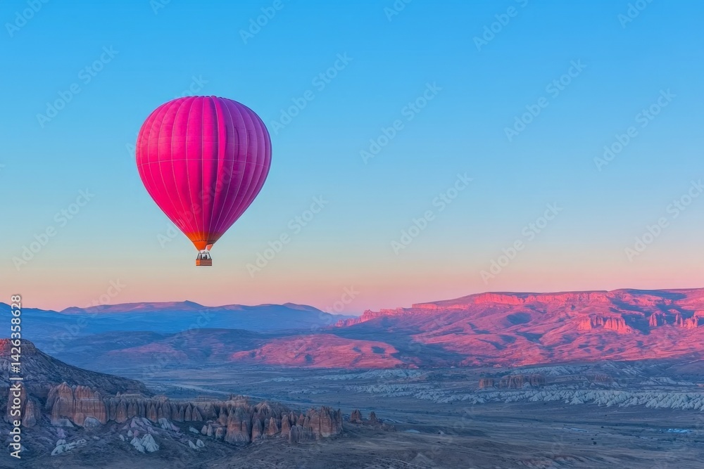 Fototapeta premium Colorful hot air balloon floats over valley at sunrise in Cappadocia, Turkey
