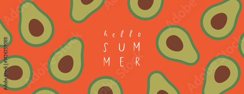 Hello summer. Vector minimalistic abstract avocado illustration for orange background, pattern, poster, banner or design
