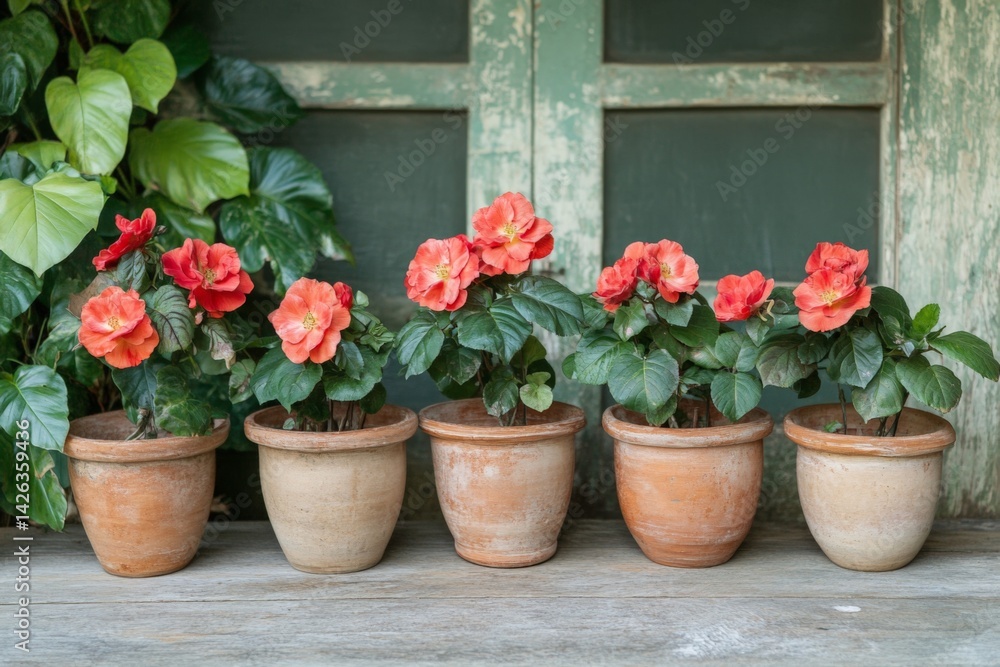 Colorful flowering plants arranged in clay pots on a rustic wooden table in a charming garden setting Colorful flowering plants arranged in clay pots on a rustic wooden table in a charming garden setting
