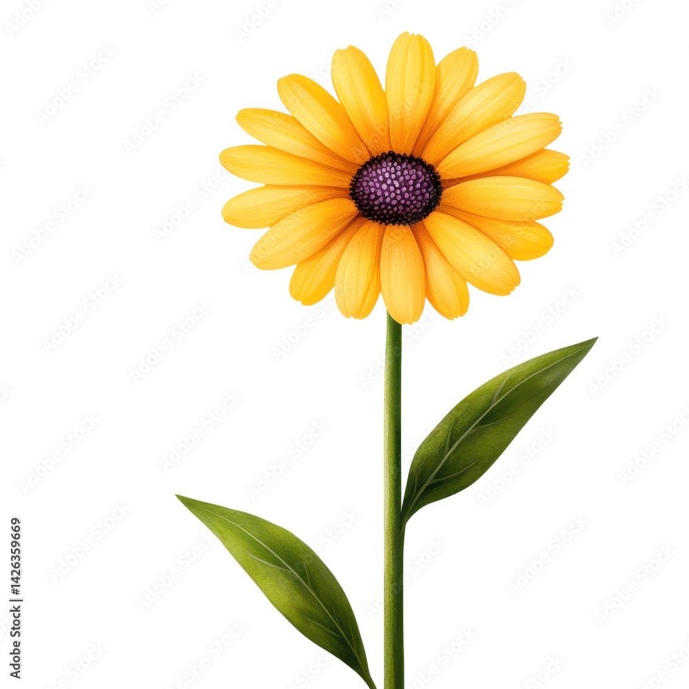 Fototapeta premium A bright yellow flower with green leaves in a detailed design. isolated against a transparent background.