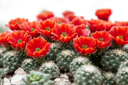 Bright red flowers bloom atop green cacti in a garden setting showcasing desert flora during springtime