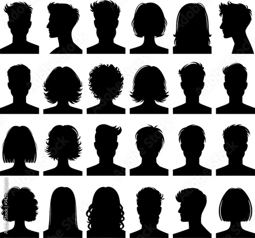Collection of Diverse Male and Female Head Silhouettes Perfect for Profile Pictures and Avatar Designs