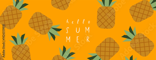 Hello summer. Vector geometric minimalistic abstract illustration of pineapple fruit for yellow background, pattern, poster, banner or design