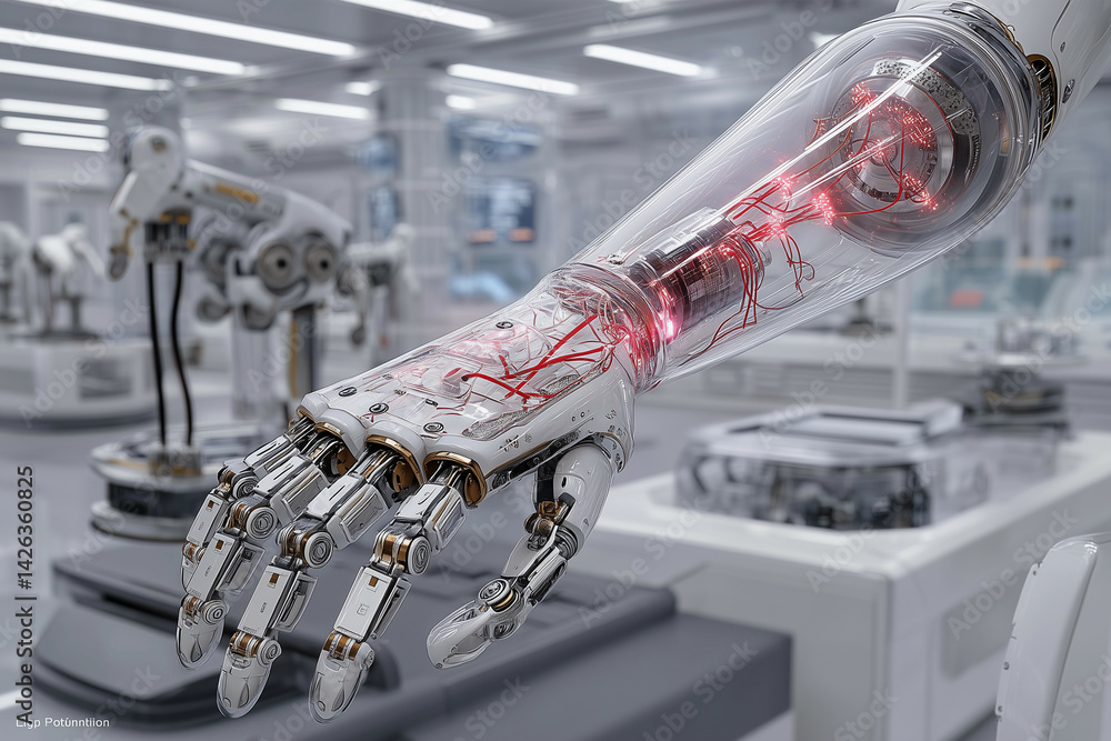 Obraz premium a robotic hand with a red light on it in a room with other machines and equipment in the background