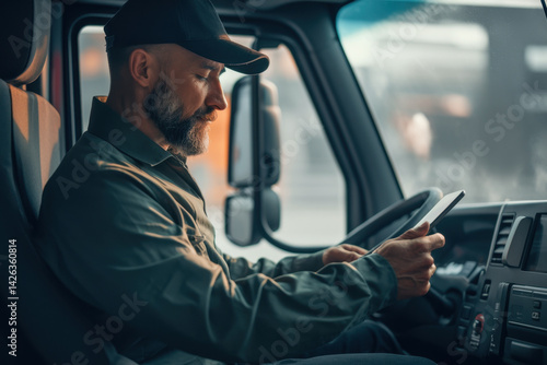 Man driving a truck with a tablet.