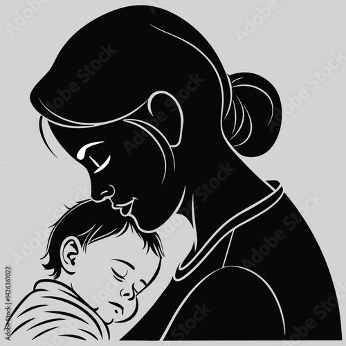 Baby sleeping on mother’s chest image silhouette design vector art and illustration	