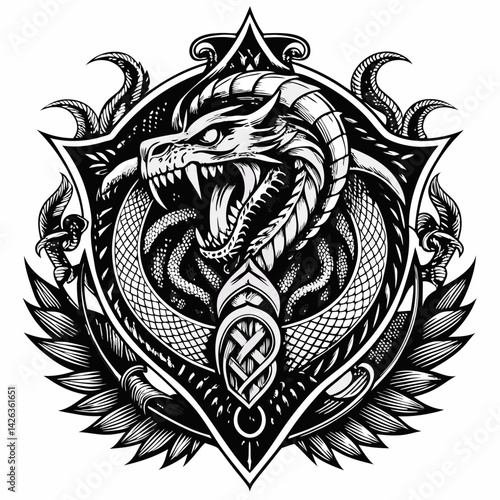 Intricate Dragon Emblem Monochrome  Art of a Fierce Reptilian Design