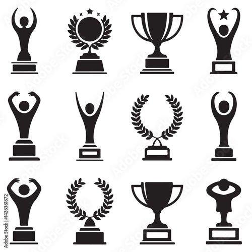 trophy cup black vector silhouettes, award cup, WINNING ICONS, champion trophy Trophy cup 
 icons outline silhouette set	
