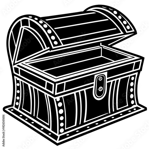 Black and White Pirate Treasure Chest Icon with Open Lid