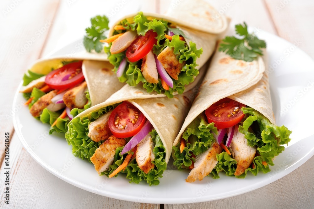 Fresh tortilla wraps with chicken and fresh vegetables on plate Fresh tortilla wraps with chicken and fresh vegetables on plate