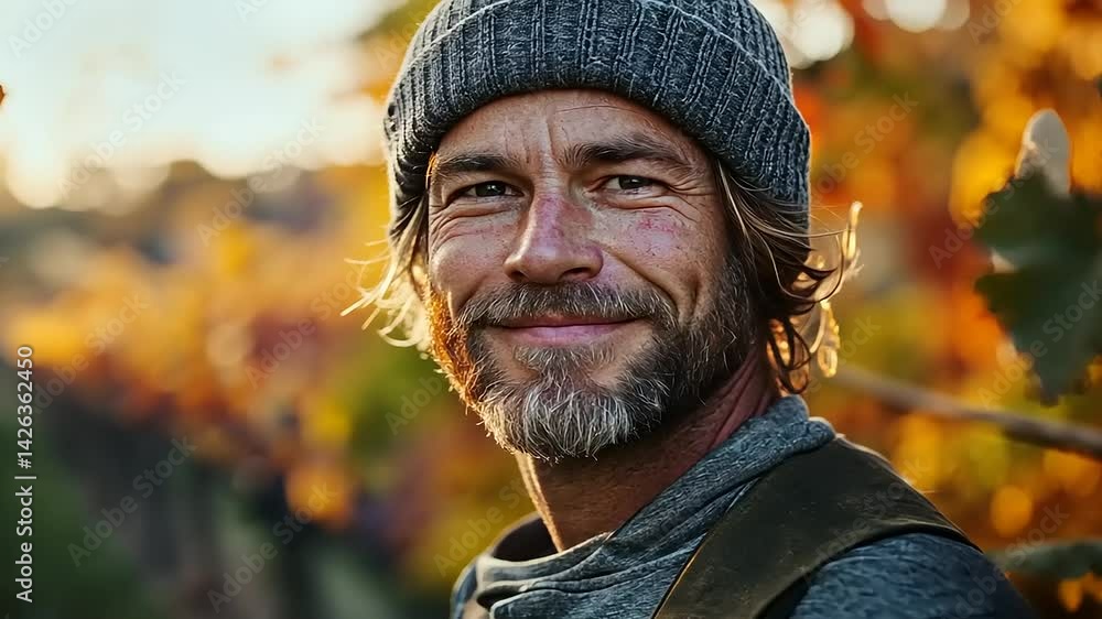 Smiling man in vineyard during autumn harvest season Smiling man in vineyard during autumn harvest season