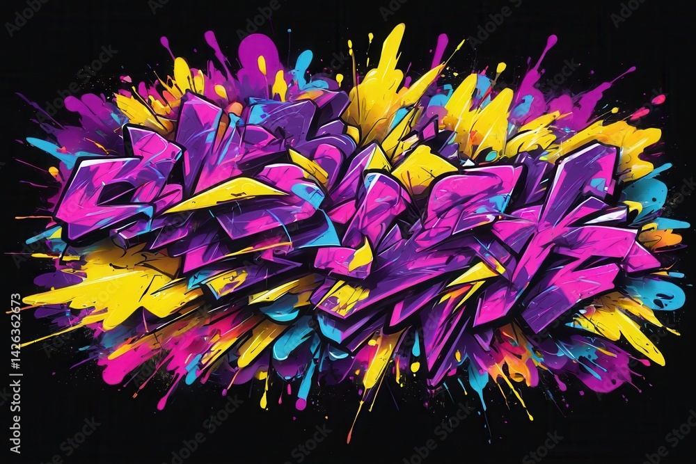 Colorful graffiti exploding with splashes of pink, purple, yellow and light blue paint on a black background