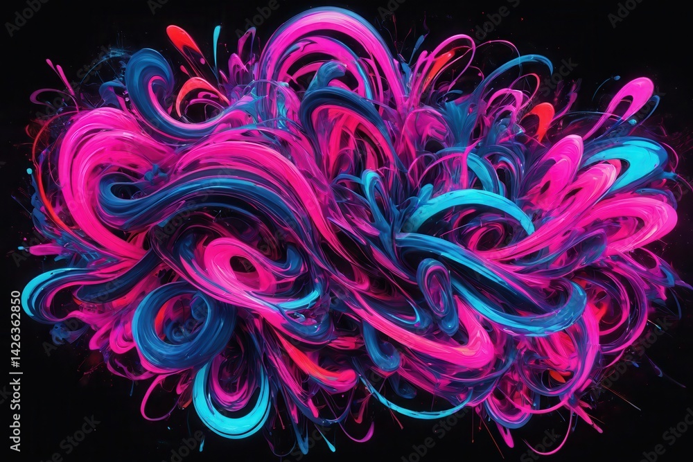 Dynamic swirling strokes of vibrant pink and blue paint creating an abstract, energetic composition on a black background