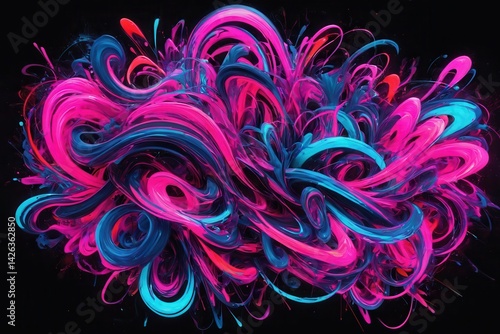 Dynamic swirling strokes of vibrant pink and blue paint creating an abstract, energetic composition on a black background
