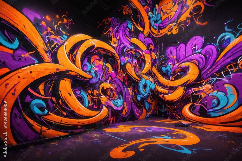 Colorful graffiti art exploding with swirling orange and purple patterns, creating a dynamic and energetic urban atmosphere