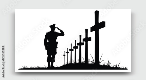 Silhouette Of A Soldier Saluting Grave Markers In A Cemetery Memorial Day