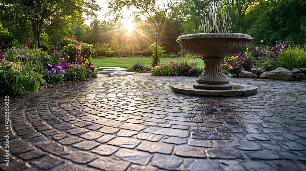 Rustic garden patio with fountain at sunset. Rustic garden patio with fountain at sunset.