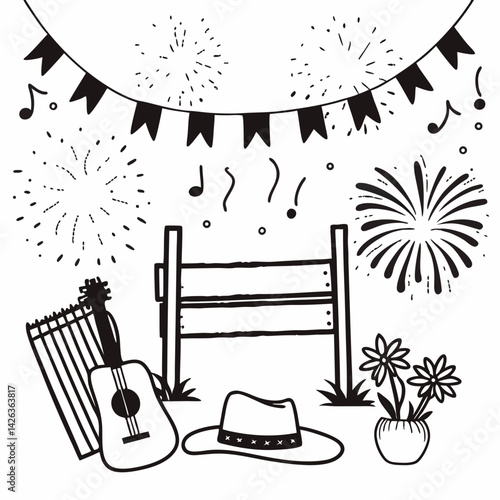 summer festival scene, bunting flags, fireworks, musical notes