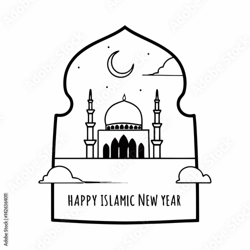 Islamic mosque silhouette, crescent moon, ornate domes, minarets