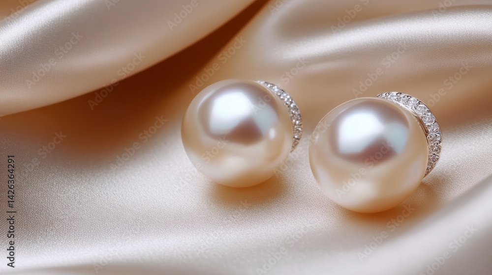 Elegant pearl earrings with diamond accents rest on soft, beige satin fabric. Elegant pearl earrings with diamond accents rest on soft, beige satin fabric.